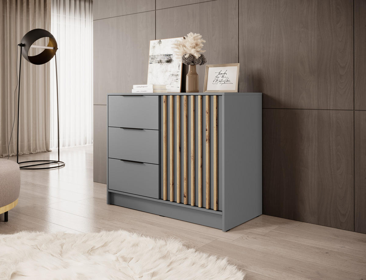 KOMMODE Stilo 105 cm in Grau + Eiche Artisan Lamellen - Schwarz/Eiche Artisan, Holz/Holzwerkstoff (105/86/45cm) - Ravio