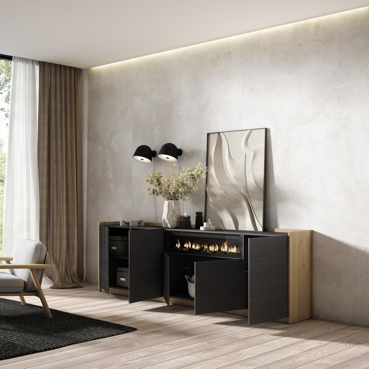 SIDEBOARD, Highboard, Schwarz Eiche, Elektrokamin, 260/37/80cm - Schwarz, Holzwerkstoff (260/80/37cm) - Skraut Home