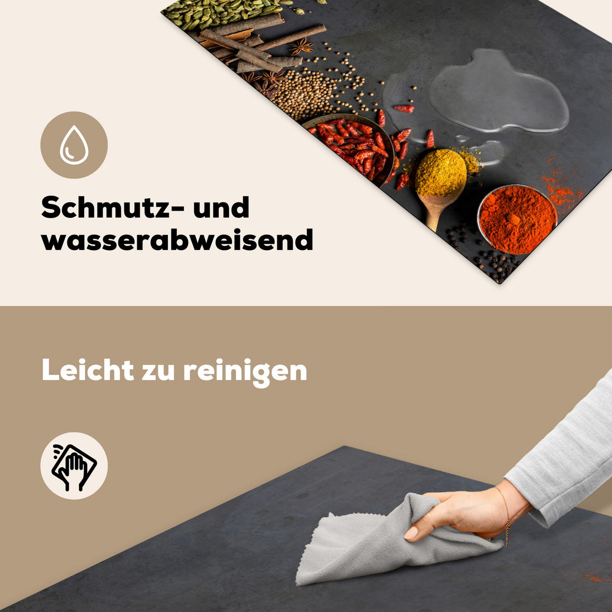 HERDABDECKPLATTE Kräuter - Lebensmittel - Gewürze - Schwarz - Paprika - Zimt 90x52 cm - Currygelb, Kunststoff (90/52/0.2cm) - MuchoWow