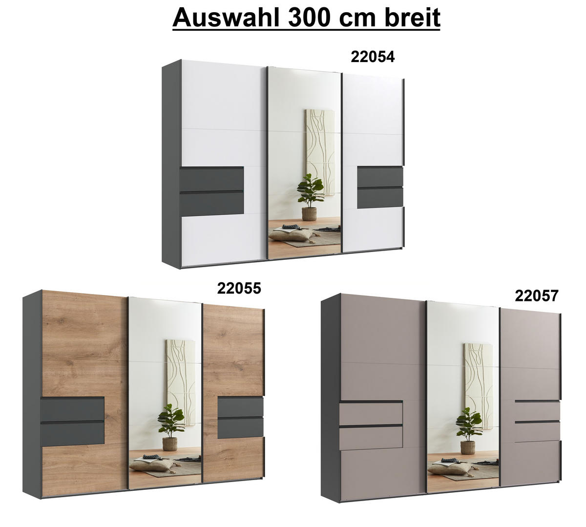 SCHWEBETÜRENSCHRANK B300/H216/T65 cm, Korpus+Schubladen Grafit, Türen in Eiche Dekor / Spiegel, inkl. Vollausstattung / 22055 - Eichefarben/Bordeaux, Holzwerkstoff/Metall (300/216/65cm) - luma-home