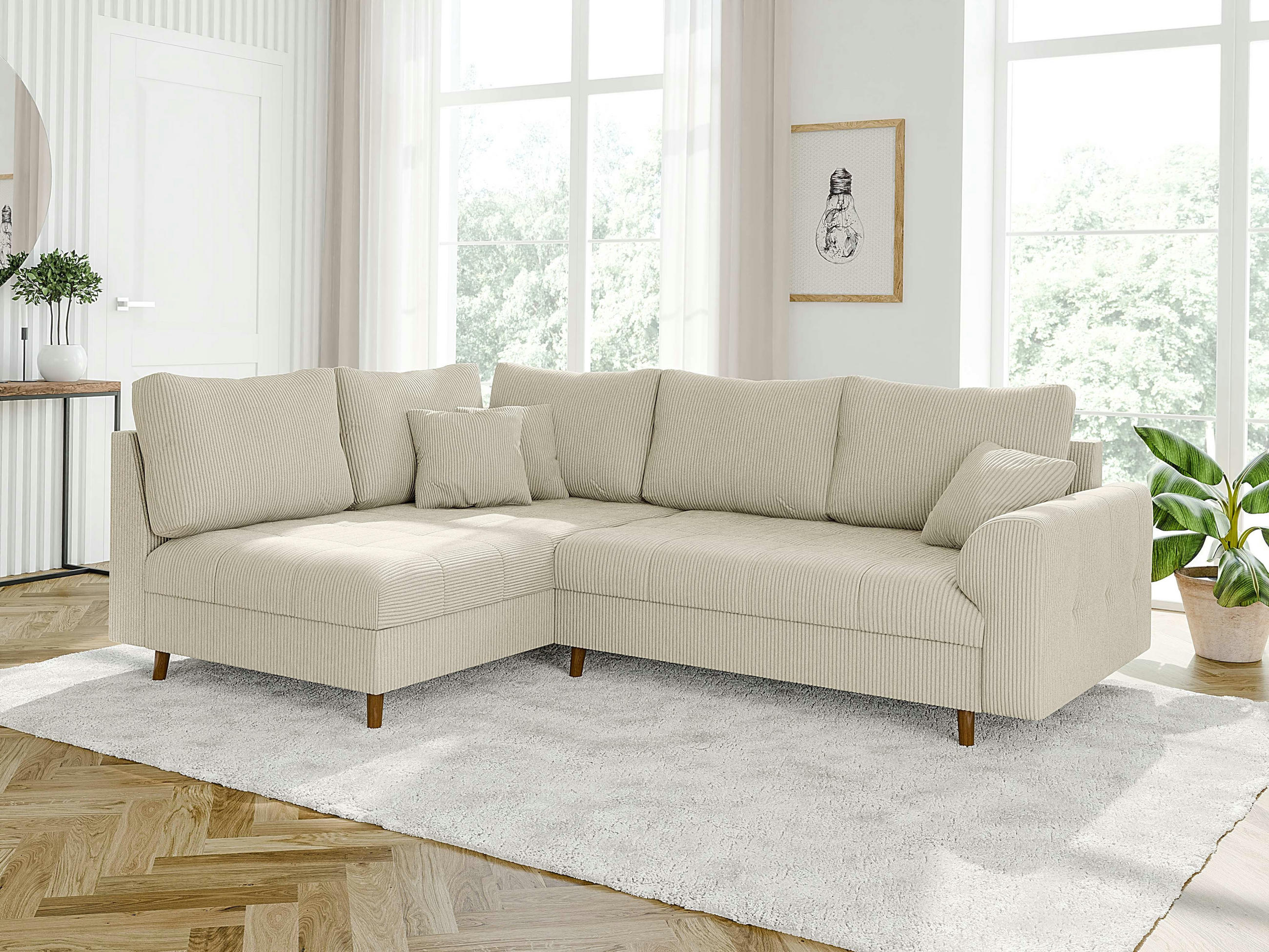 ECKSOFA Alma Beige Cord - Ottomane links - Beige/Braun, Holz/Textil (231/161cm) - S-Style Möbel