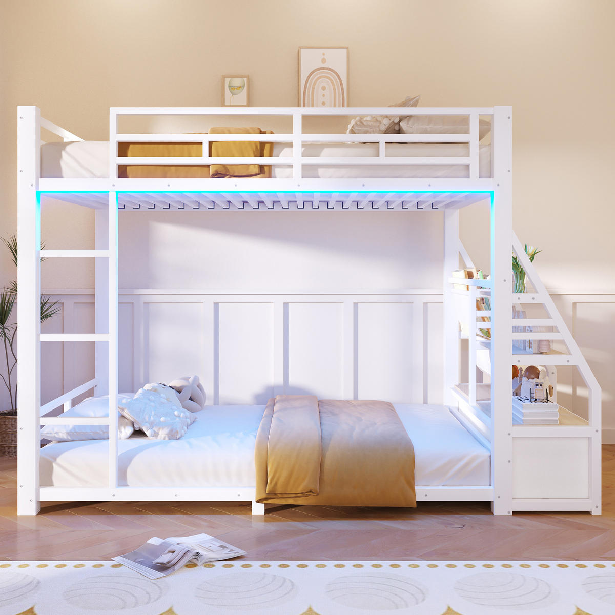ETAGENBETT 90x200cm mit LED-Beleuchtung, mit 2 Stoffschubladen, Weiß - Weiß, Metall (90/200cm) - KOMHTOM