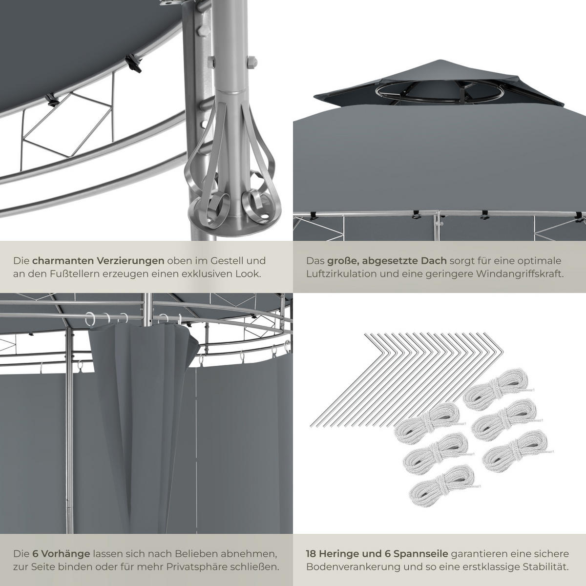 GARTENPAVILLON Siana,inklusive Spannseilen und Heringen,anthrazit - Anthrazit, Kunststoff (350/280/350cm) - tectake