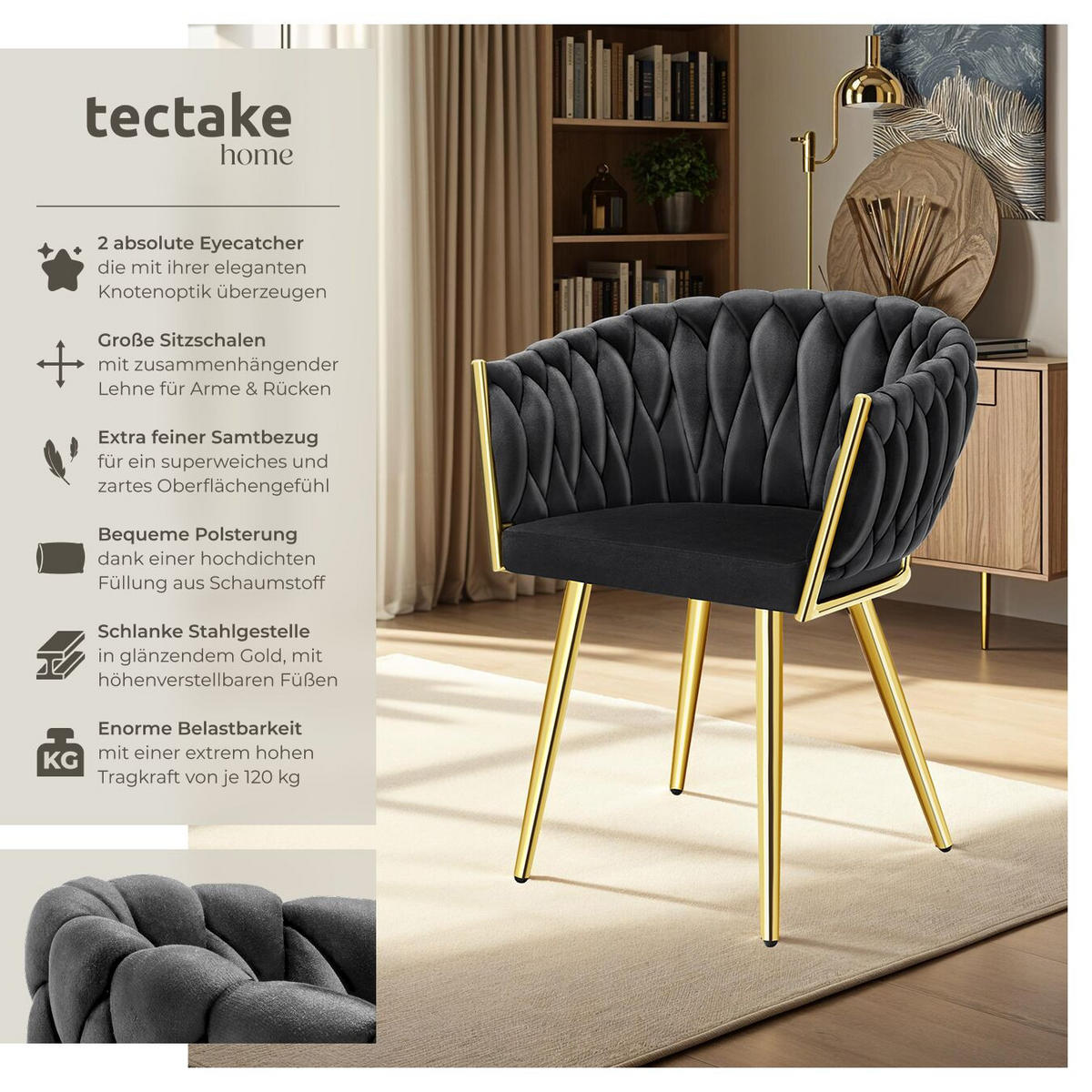 ESSZIMMERSTUHL 2er Set Astano,60,5 x 55 x 75 cm,schwarz/gold - Goldfarben/Schwarz, Textil (60.5/75/55cm) - tectake