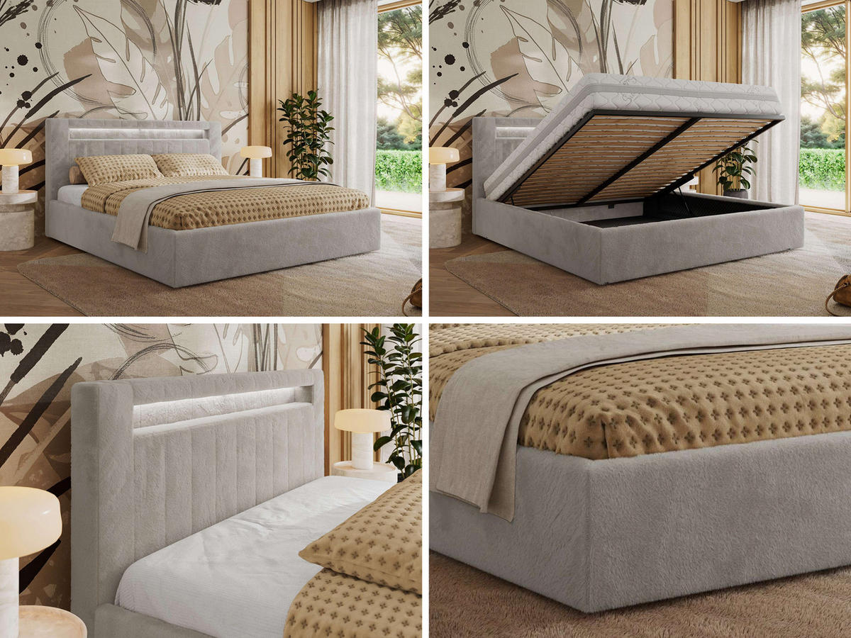 POLSTERBETT GOLD 5 CLASSIC 160/200 - Hellgrau Plüsch - Pocket-Matratze - Hellgrau, Textil (160/200cm) - MKS