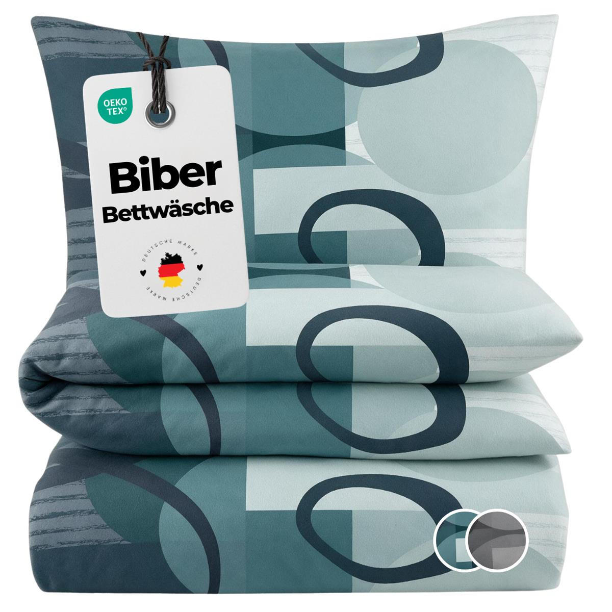 BIBER-BETTWÄSCHE 135x200 - Kuschelig warmer Flanell Bettbezug aus 100% Baumwolle für Herbst & Winter - Kreis Muster Grün - Grün, Textil (135/200cm) - Carpe Sonno