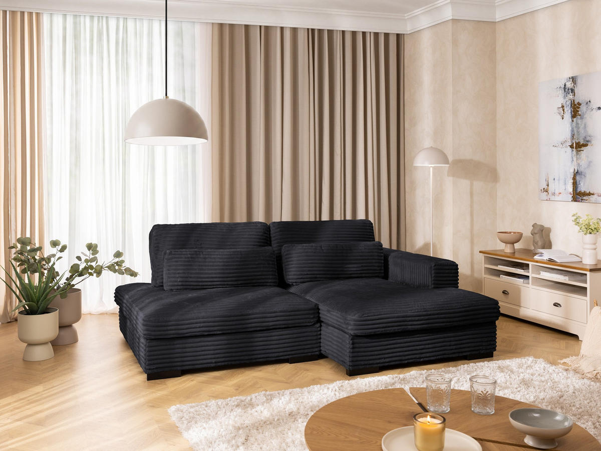 ECKSOFA Wolke mit tiefer Sitzfläche, Schlaffunktion und praktischem Bettkasten aus weichem Schwarz Cordstoff - Schwarz, Holz/Kunststoff (225/162cm) - S-Style
