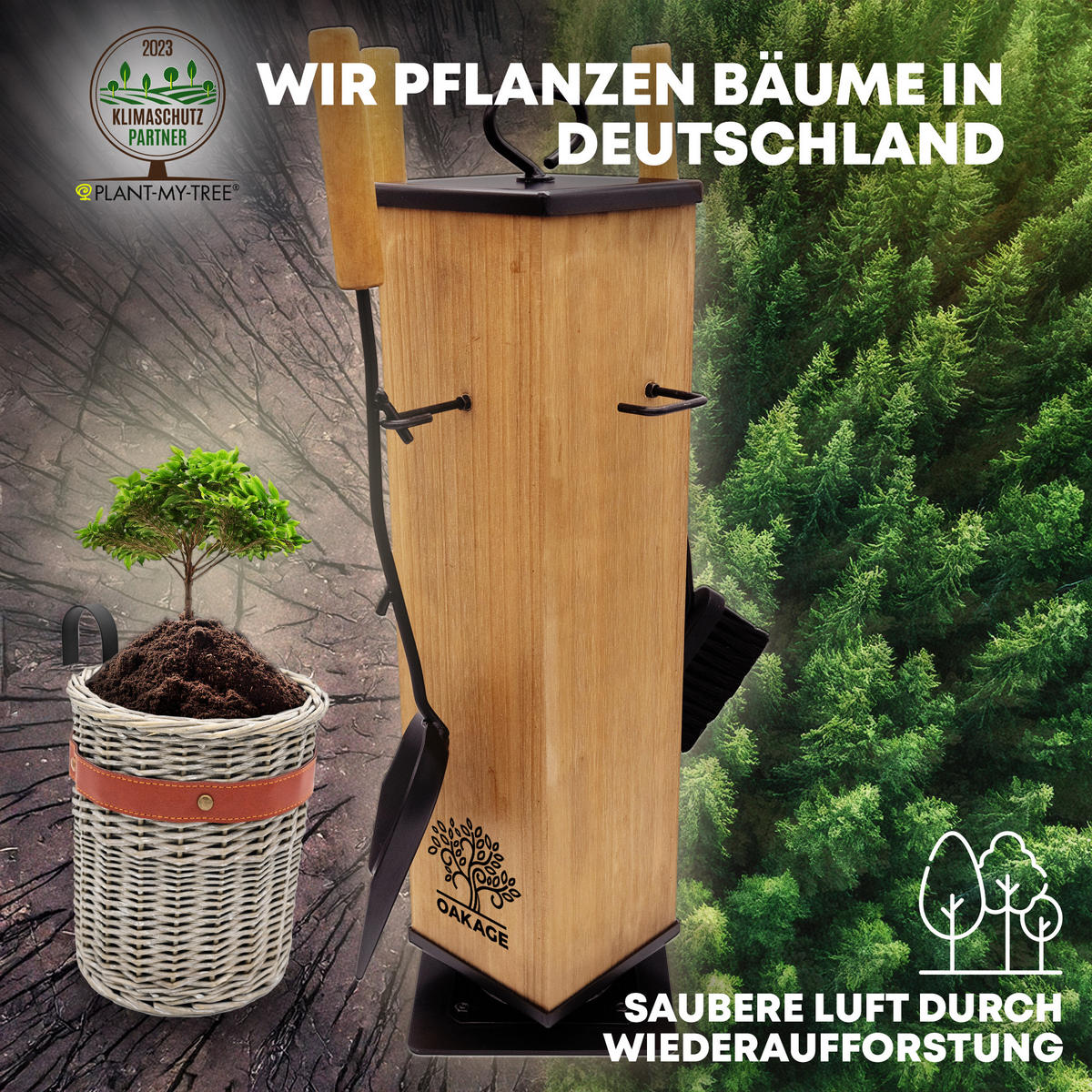 KAMINBESTECK WillowWrap mit Zündholzkorb aus Weide - Grau, Naturmaterialien/Holz (18/58/18cm) - OAKAGE