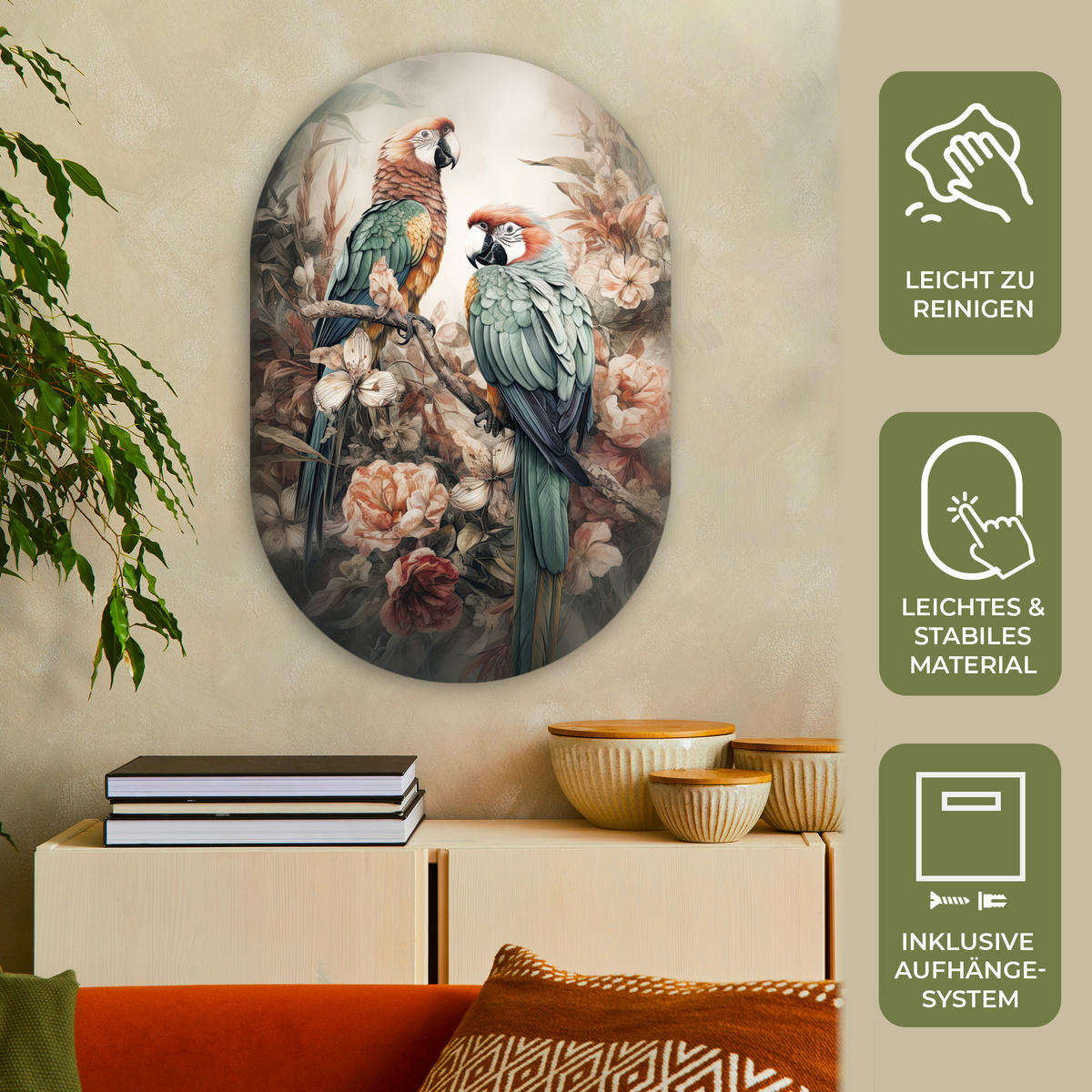 WANDBILD Papageien - Vögel - Natur - Blumen 60x90 cm - Baltimorefarben, Kunststoff (60/90cm) - MuchoWow