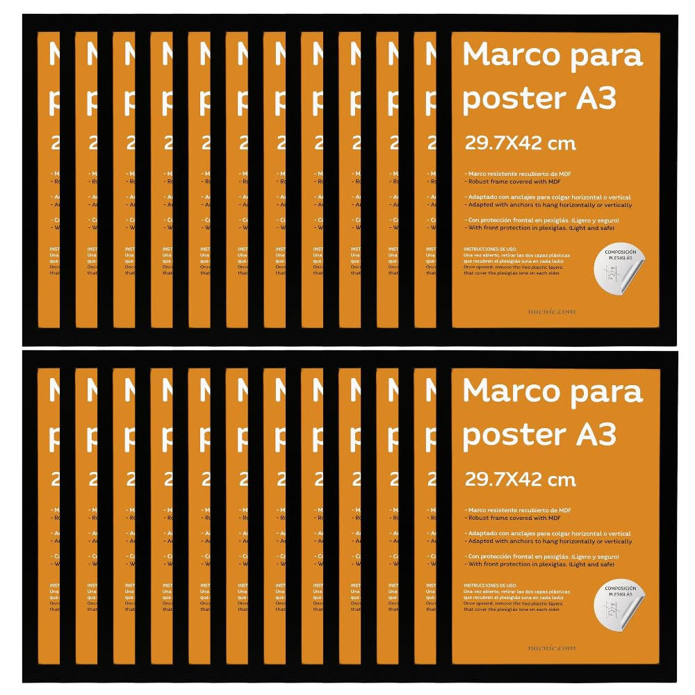 RAHMEN Set mit 24 aus MDF und Acrylglas Schutz und Aussteller für Fotografien, Bilder, Poster, Gemälde, Dekoration für Haus Farbe Schwarz A3 - Schwarz, Holz (29.7/3/42cm) - Nacnic