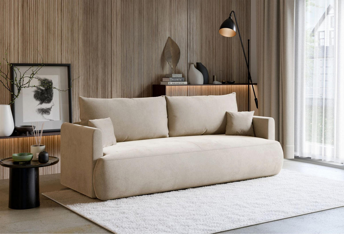 3-SITZER SOFA Ovo Mini Creme Velours Easy-Clean - Creme/Schwarz, Kunststoff/Textil (226/90/97cm) - Selsey