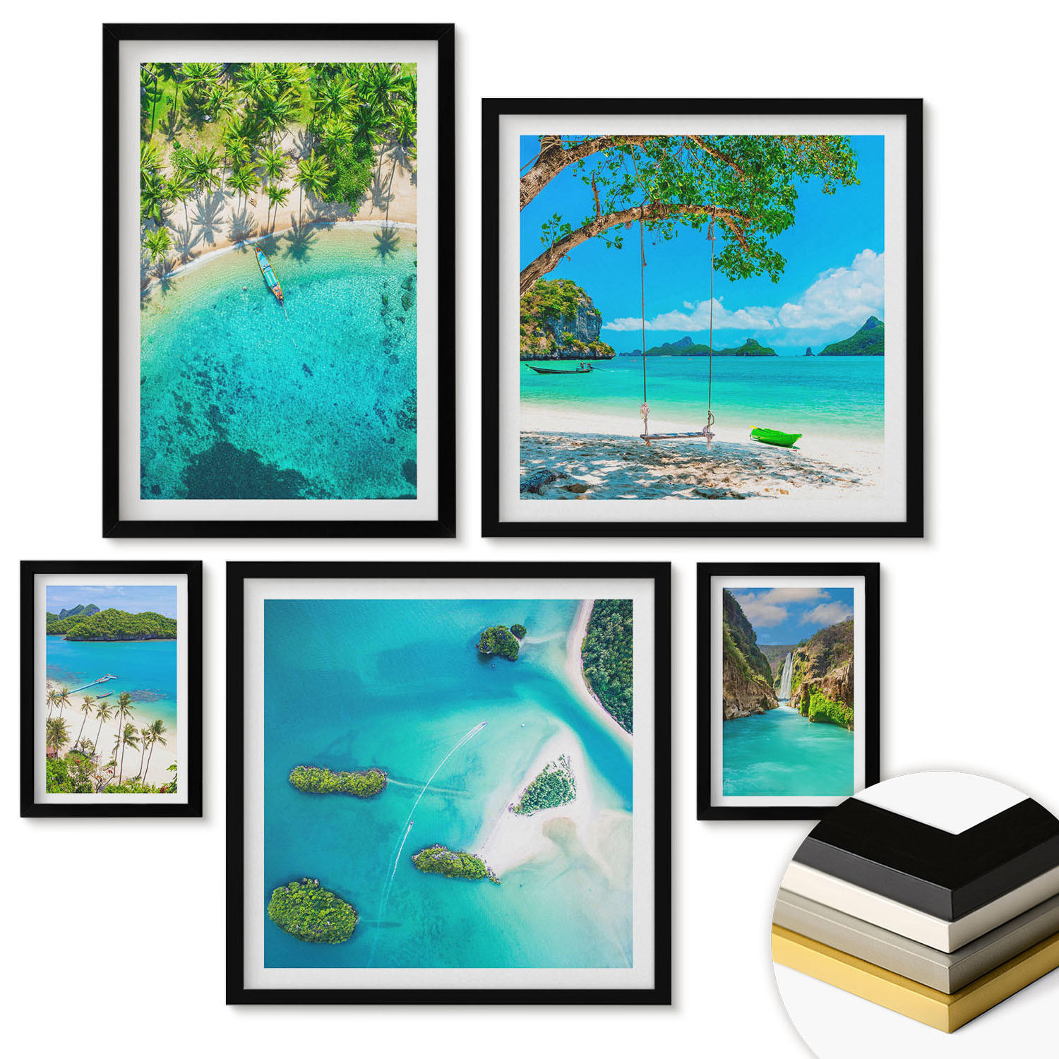 WANDBILDER 5er-Set - 50x50 cm & 20x30 cm & 40x60 cm Schwarzer Rahmen - Strände, Palmen, kristallklares Wasser - Schwarz, Kunststoff (40/60cm) - ArtPrintCave
