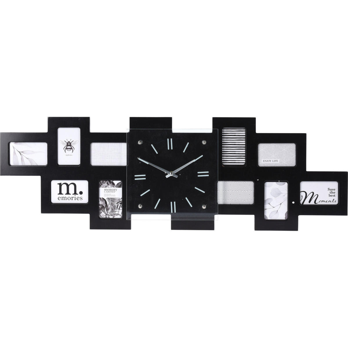 WANDUHR mit 10 schwarzen Bilderrahmen 80/4/26 cm - Schwarz, Holzwerkstoff (80/27/5.6cm) - Home Styling Collection