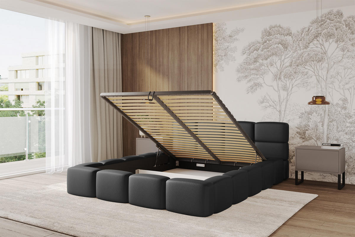 POLSTERBETT mit Bettkasten und Lattenrost, Bett mit Matratze H3/H4, Kopfteil, Boxbett, Doppelbett mit Stauraum - NATA-v1 200x200 Schwarz - Schwarz, Holzwerkstoff/Textil (200/200cm) - ALTDECOR
