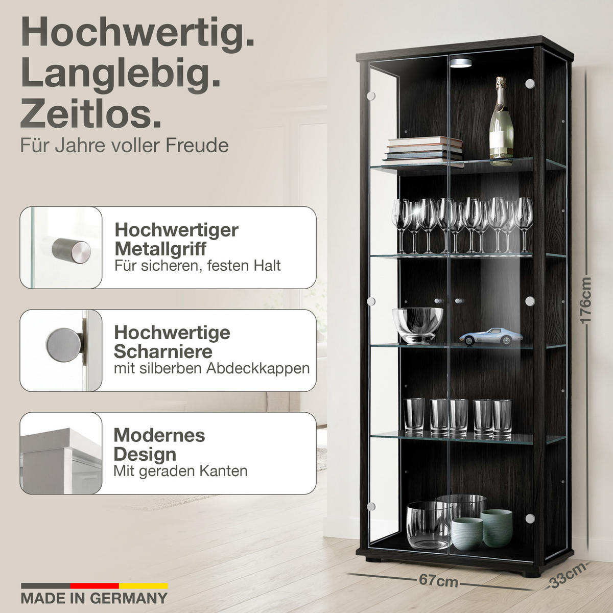 VITRINE 33/67/176 cm mit LED & 4 höhenverstellbaren Glasböden - Transparent/Silberfarben, Glas/Holzwerkstoff (67/176/33cm) - K-Möbel