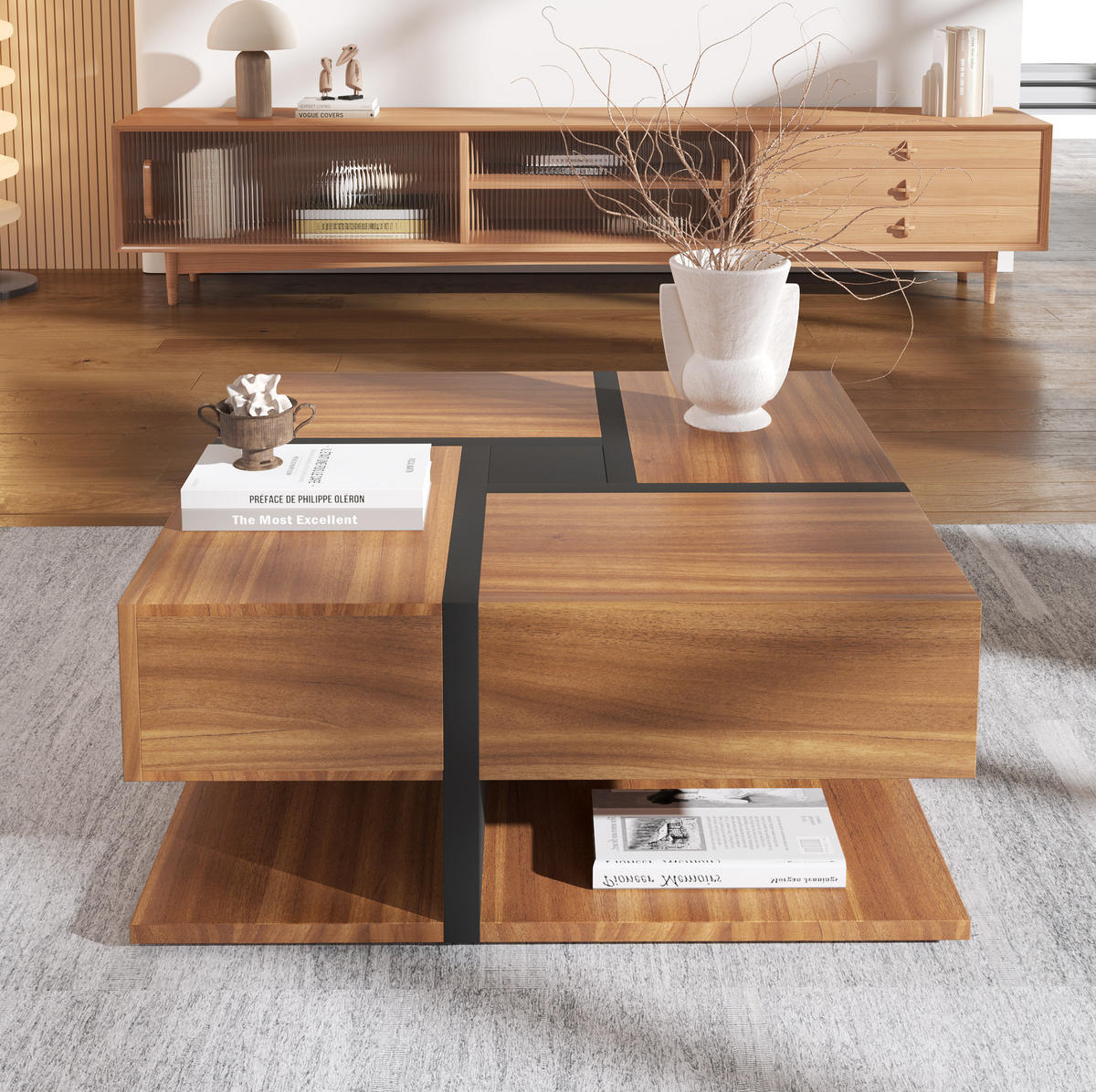 COUCHTISCH aus Spanplatte 78x78x36 cm in Natur mit 4 Schubladen - Naturfarben, Holzwerkstoff (78/78/36cm) - Modfu