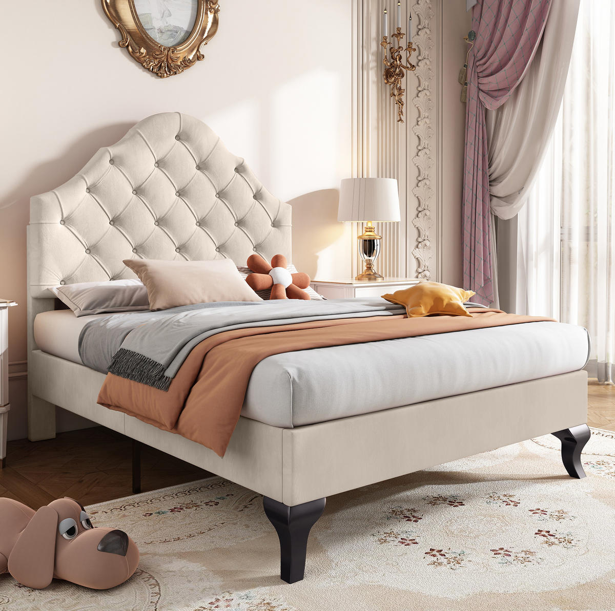 POLSTERBETT 90/200 cm Beige aus Samt mit höhenverstellbarem Kopfteil - Beige, Textil (90/200cm) - OKMYHOME