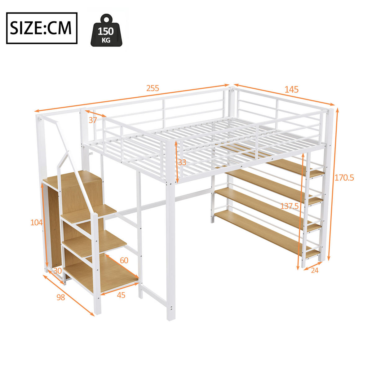 HOCHBETT 140/200 cm, Weiß, mit Stauraumtreppe und Umzäunung - Weiß, Metall (140/200cm) - MIVRAY
