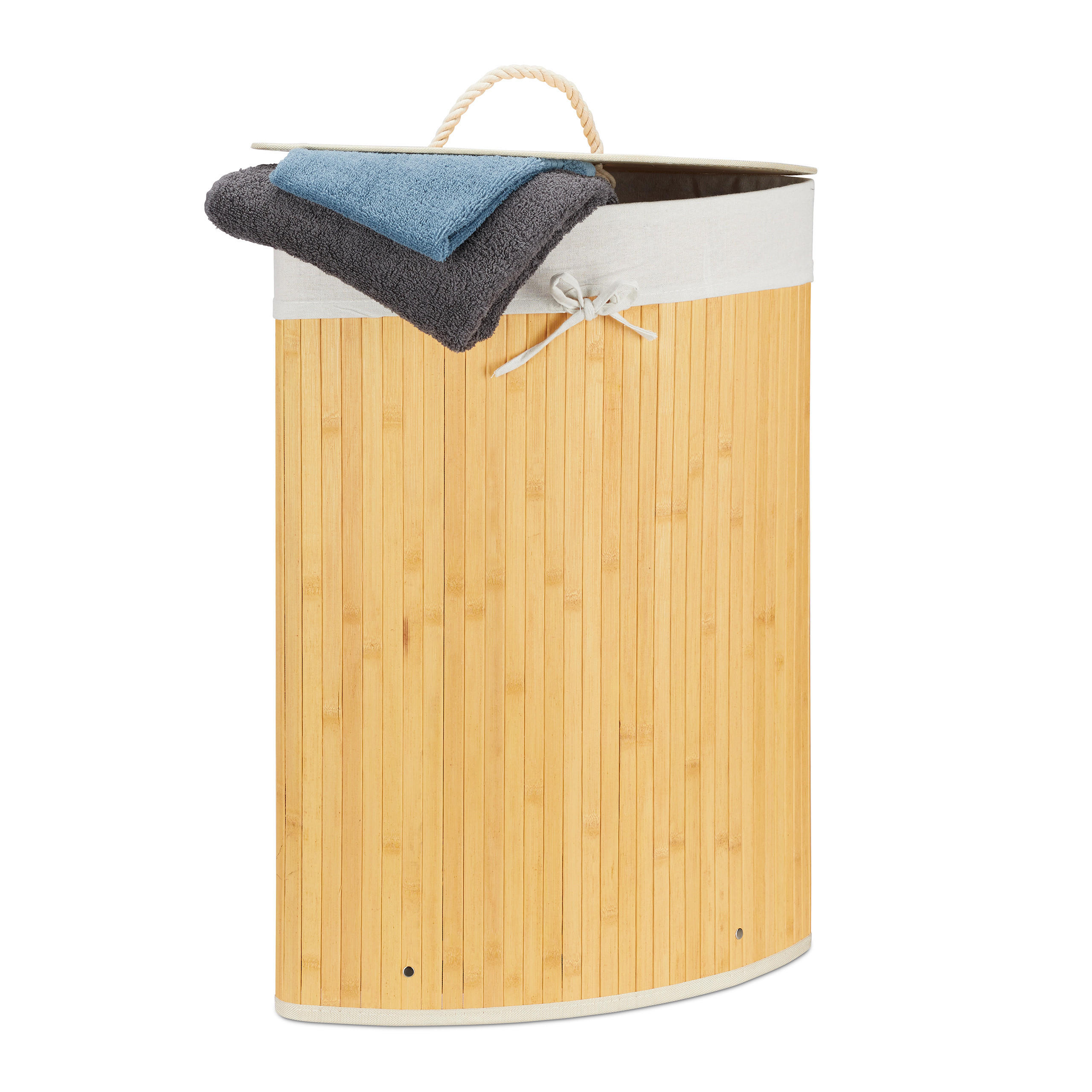 Relaxdays PRÁDELNÍK Krémový bambus rohový skládací s víkem 60 l