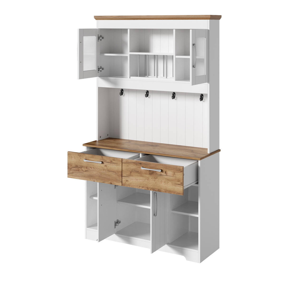 BUFFET 106/39/176,5 cm aus Spanplatte mit Vitrinenfächern und Hakenleiste Weiß/Natur - Naturfarben, Holzwerkstoff (106/176.5/39cm) - Modenvie