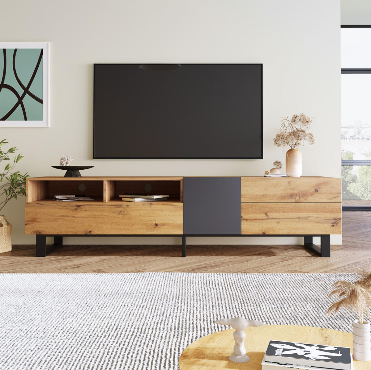 TV-SCHRANK mit 2 Schubladen 180 x 38 x 50 cm MDF Eiche Anthrazit - Schwarz, Holzwerkstoff (45.5/35/180cm) - Beauniv