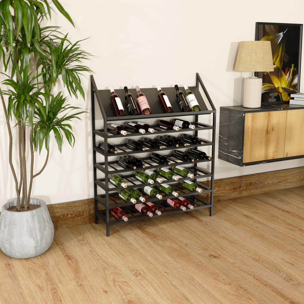 WEINREGAL Napa Metall,Schwarz, Für 84 Weinflaschen 125/100/30cm - Schwarz, Metall (100/125/30cm) - Metalo Pro