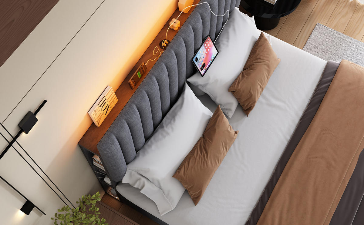 POLSTERBETT 140/200 cm in Grau Leinen mit Bettkasten, LED und USB Type-C - Grau, Holzwerkstoff/Textil (140/200cm) - WISHDOR