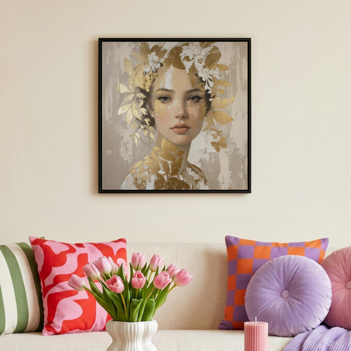 LEINWAND Bilder mit Rahmen - Gesicht - Frau - Blätter - Gold - 50x50 - Beige, Textil (50/50cm) - MuchoWow
