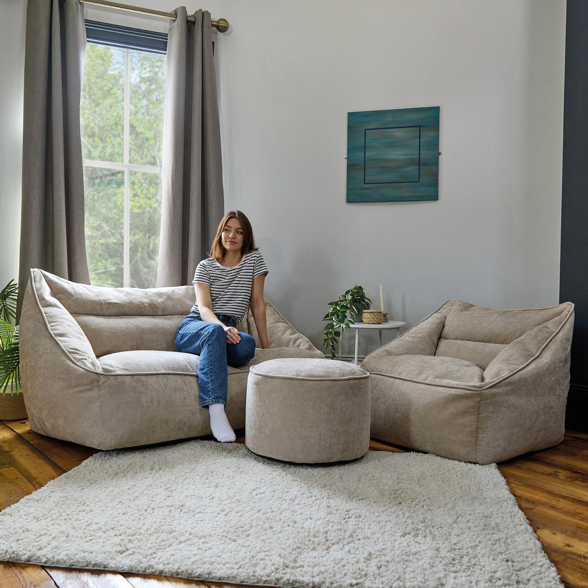 SITZSACK-SET 3 tlg, Sofa Chenille Cecilia, Sitzsack Sessel mit Hocker - Beige, Kunststoff/Textil (160/70/93cm) - icon