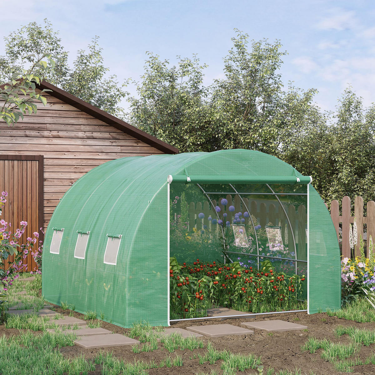 GEWÄCHSHAUS DE-12022 mit 6 Fenstern & Tür Grün - Grün, Metall (300/200/300cm) - ComfortXL