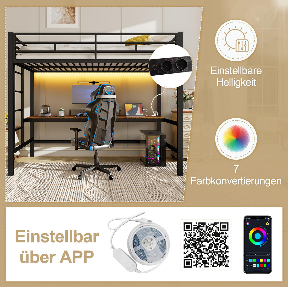 HOCHBETT 90/200 cm Schwarz aus Metall mit Tisch und Lichtleiste - Schwarz, Metall (90/200cm) - OKMYHOME