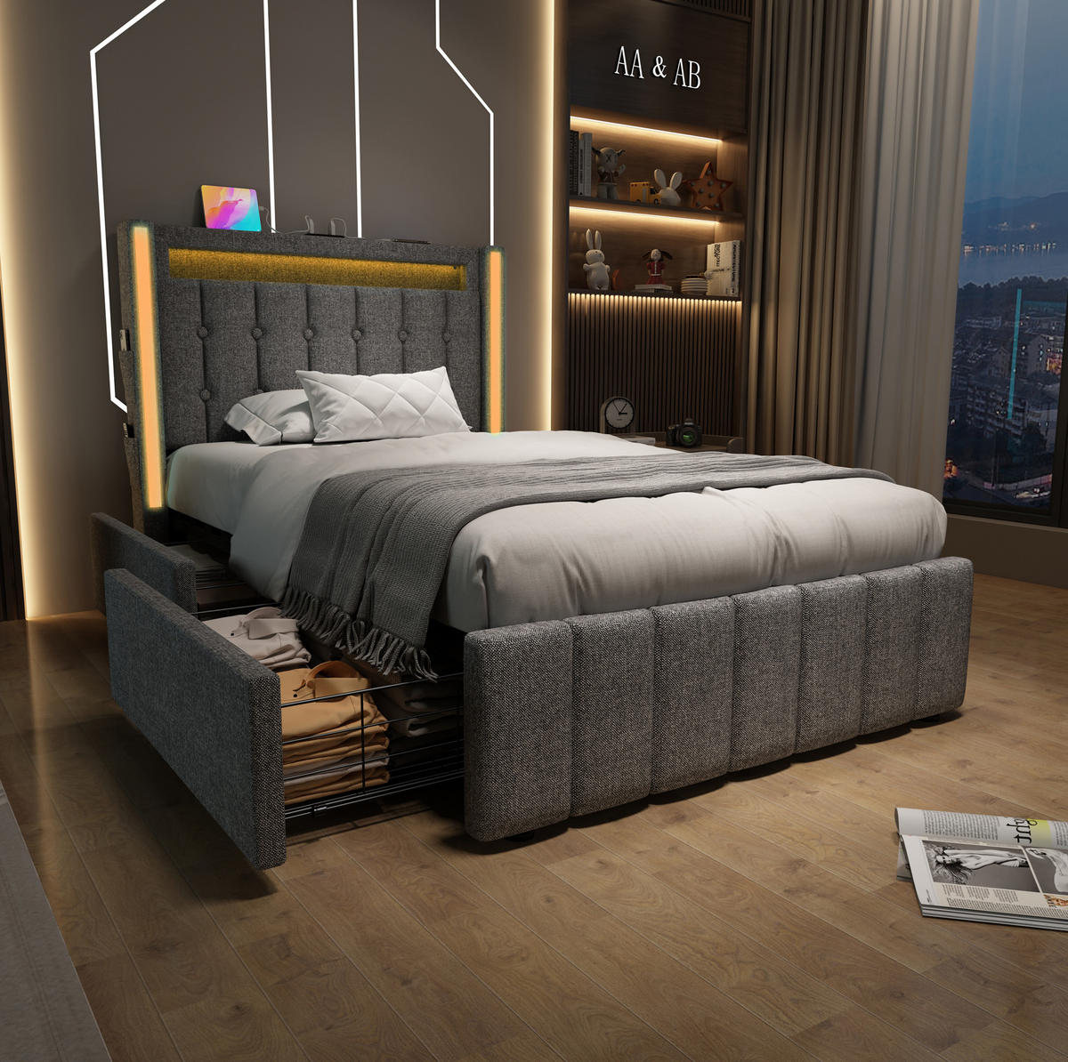 POLSTERBETT 90/200 cm Grau mit LED-Beleuchtung und USB-Anschlüssen - Grau, Textil (90/200cm) - Flora Grace