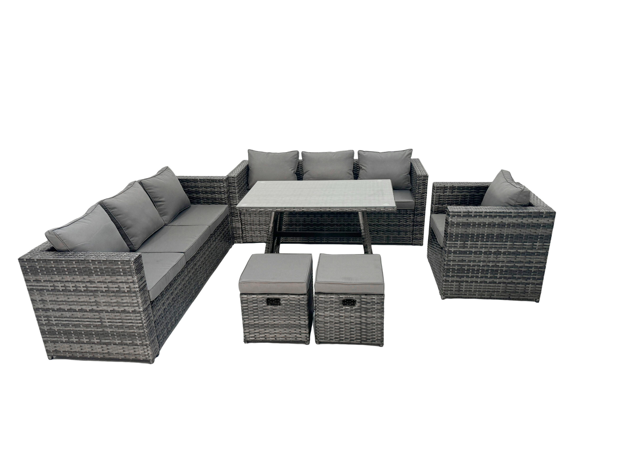 GARTENMÖBELSET mit Hocker Esstisch 9-Sitzer Grau - Dunkelgrau/Grau, Glas/Kunststoff - Fimous