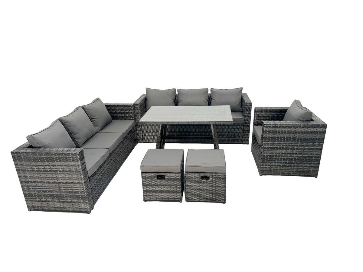 GARTENMÖBELSET mit Hocker Esstisch 9-Sitzer Grau - Dunkelgrau/Grau, Glas/Kunststoff - Fimous