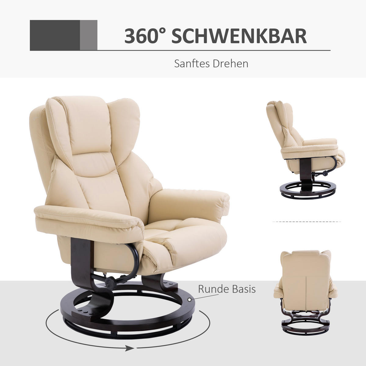 RELAXSESSEL-SET mit Hocker Kunstleder 360° drehbar, 145° neigbar 80/79/100 cm Creme - Creme, Holz (79/100/80cm) - Redom