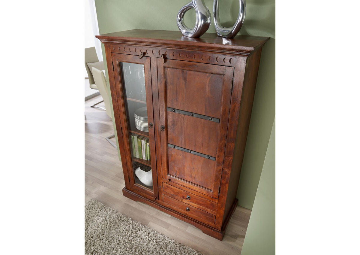 VITRINE Akazie 110x45x155 nougat lackiert OXFORD #425 - Dunkelbraun, Holz (110/155/45cm) - Massivmoebel24