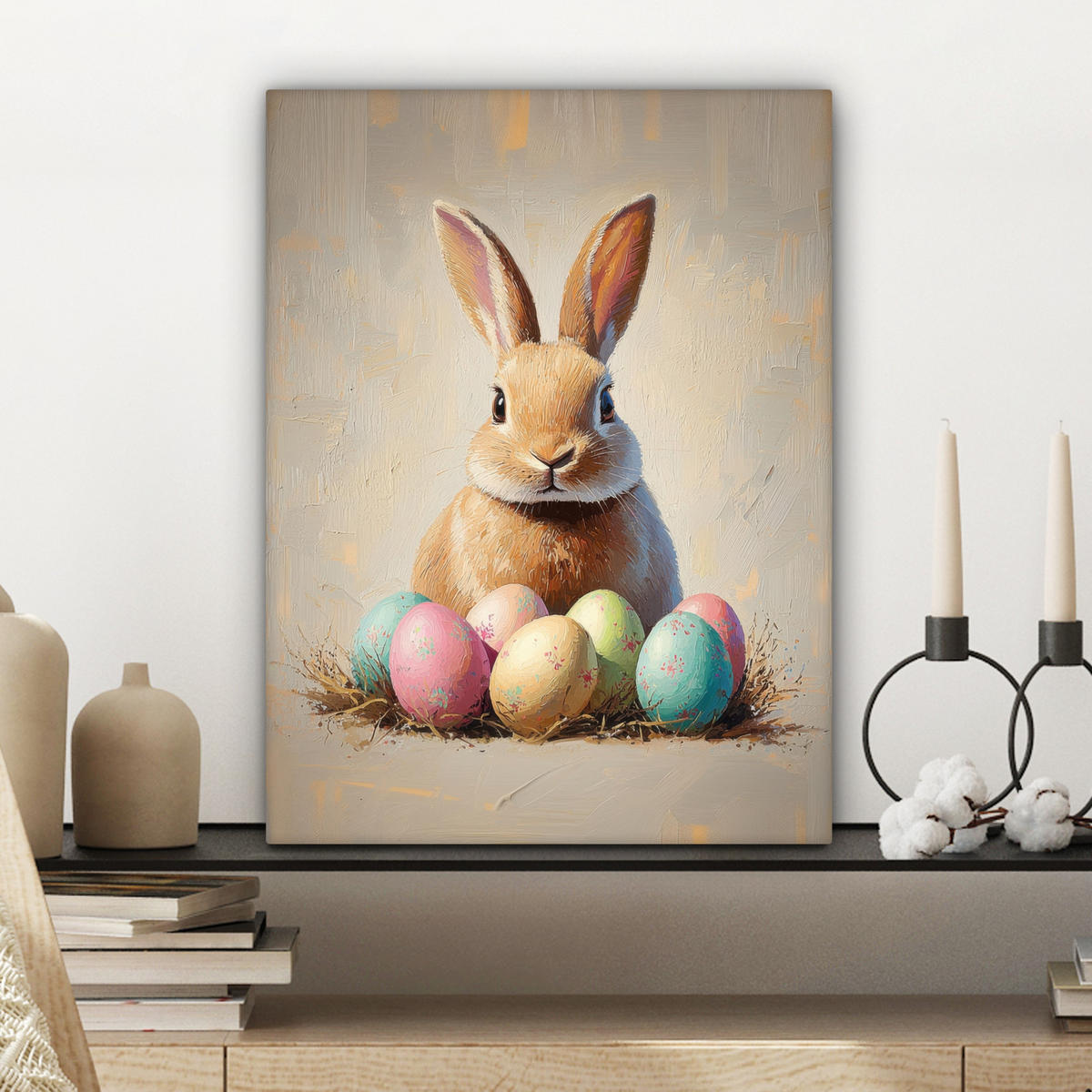 LEINWANDBILD Osterhase - Pastell - Eier Room Decor 30x40 cm - Beige, Textil (30/40cm) - MuchoWow