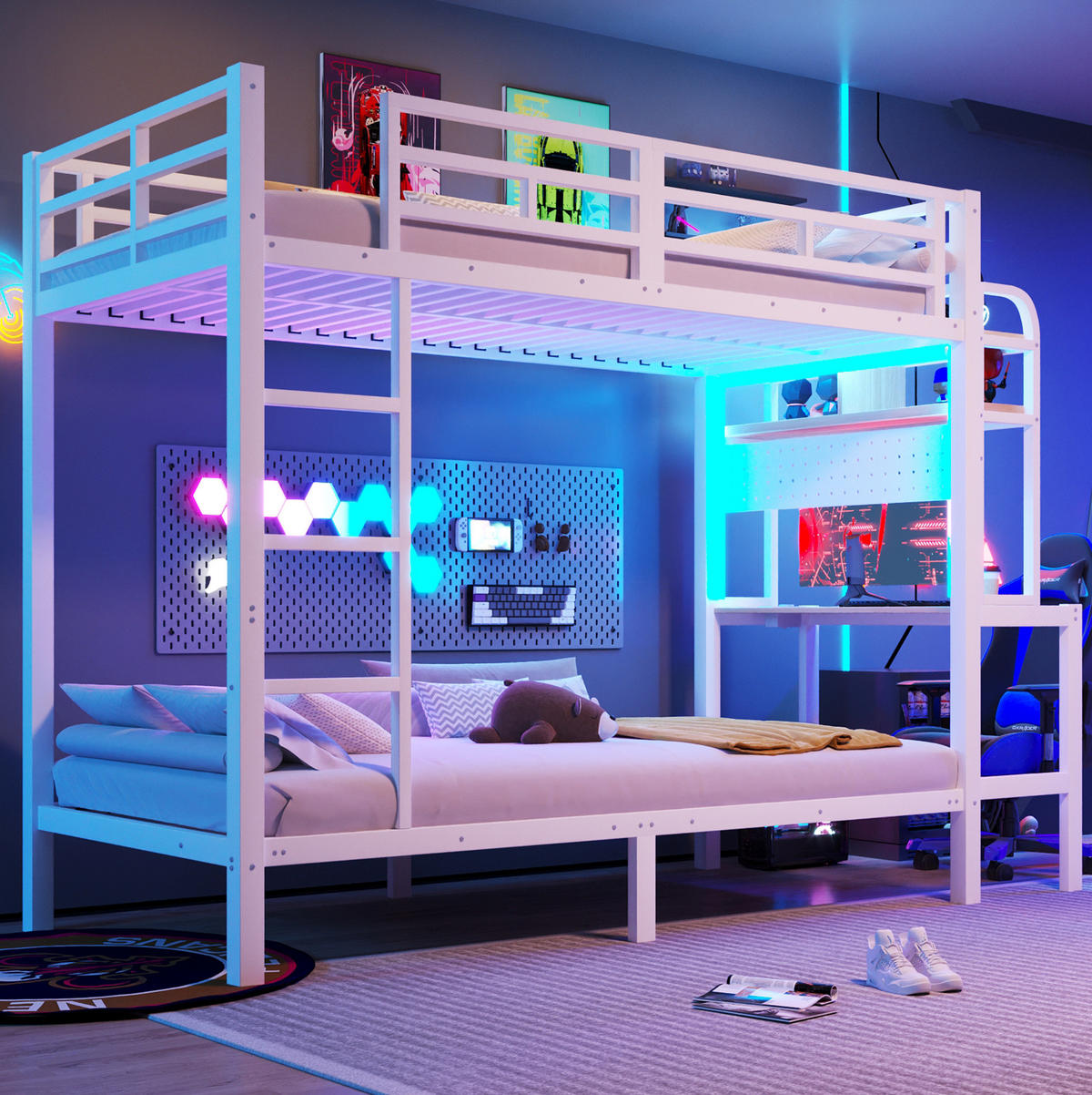 ETAGENBETT 90/200 cm Weiß mit LED, USB und Schreibtisch ohne Matratze - Weiß, Metall (90/200cm) - MIVRAY