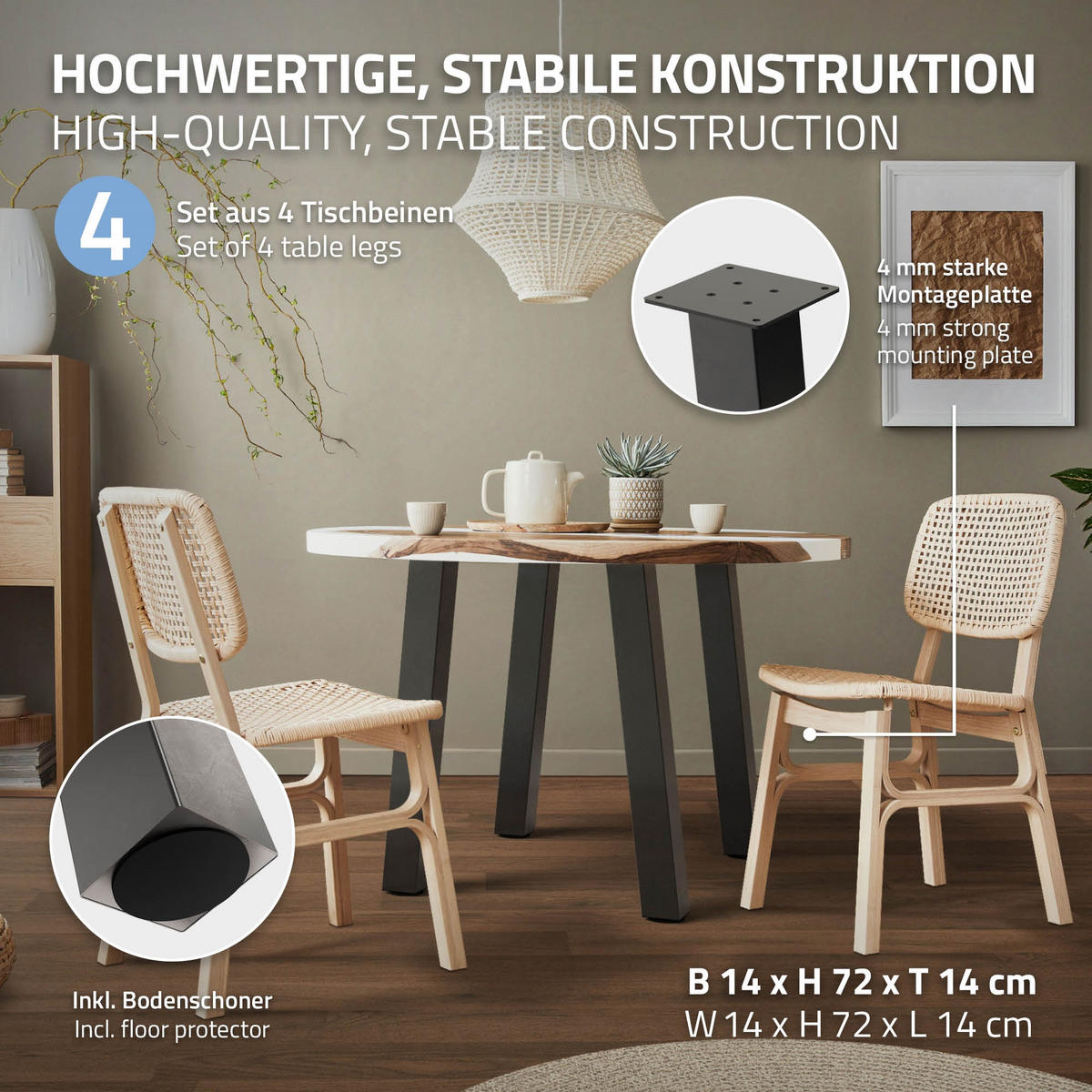 TISCHBEINE 4er Set I-96GRAD-Design H:72 cm Dunkelgrau 8x8 cm - Dunkelgrau, Metall (8/72/8cm) - ML-DESIGN