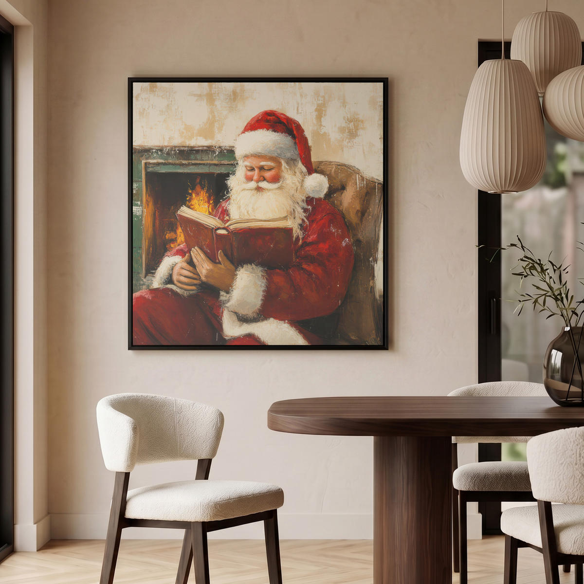 LEINWAND Bilder mit Rahmen - Weihnachten - Weihnachtsmann - Winter - Open Fireside - 90x90 - Dunkelrot, Textil (90/90cm) - MuchoWow