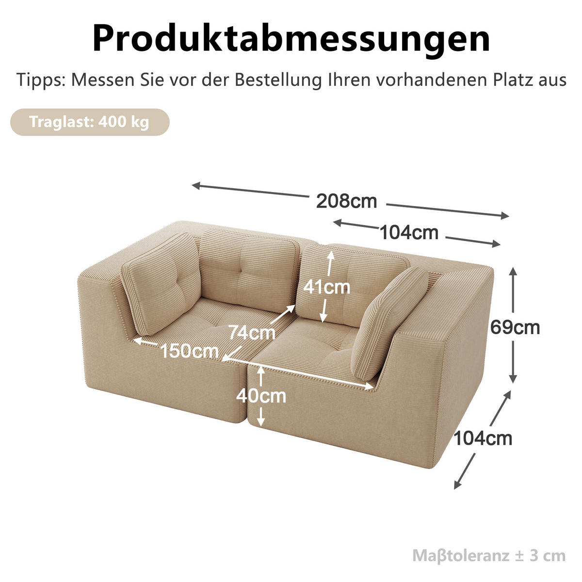 2-SITZER-SOFA DE-34220 modular Beige - Beige, Textil (104/69/208cm) - ComfortXL