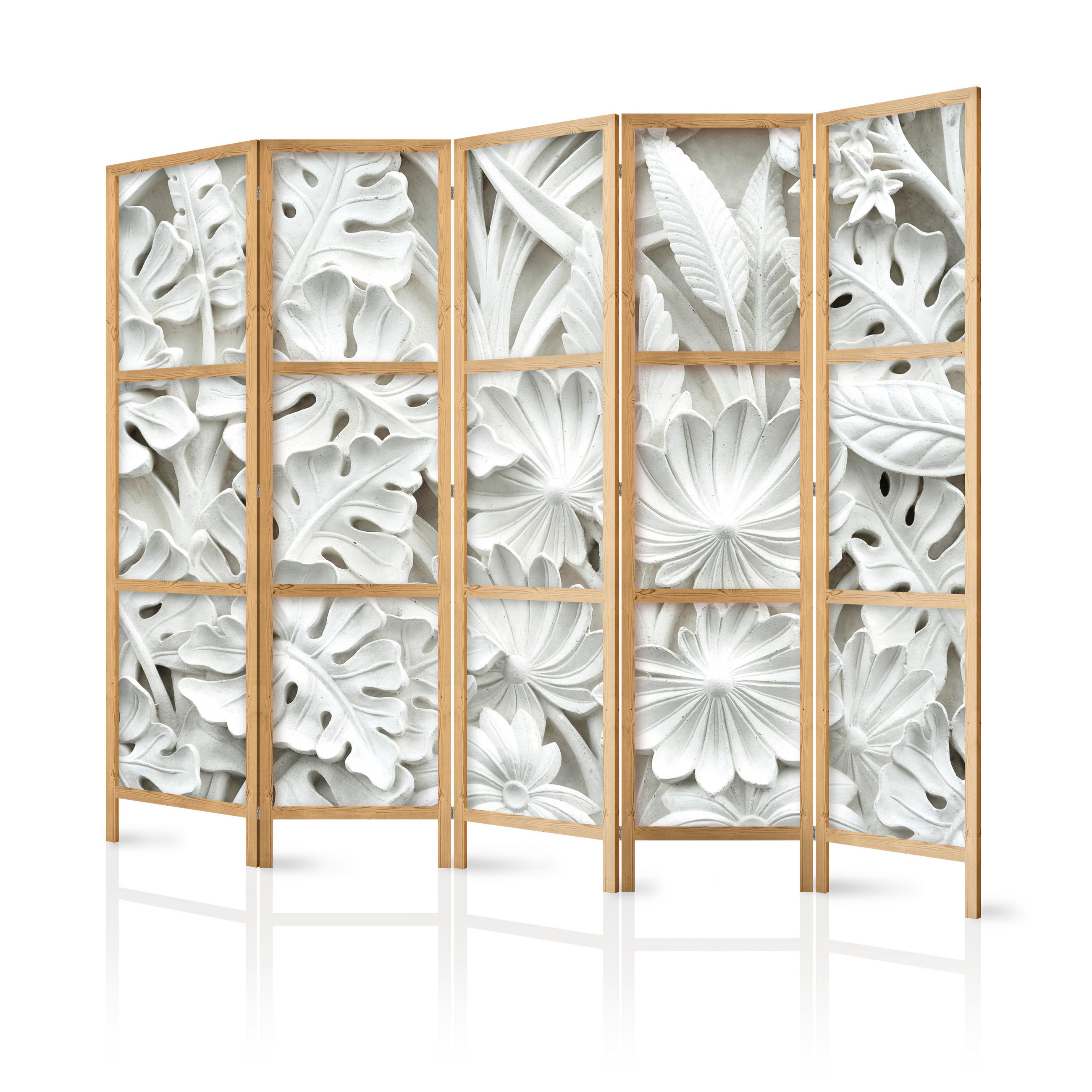 PARAVENT Japanischer 5-tlg 225x172 cm Wei e Bl tter 3D - Grau, Holz/Textil (225/172/3cm) - Muralo