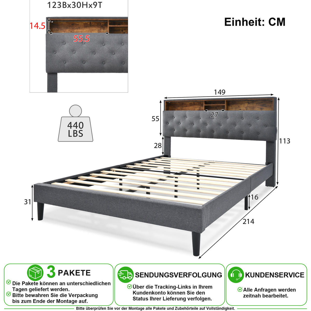 ČALOUNĚNÁ POSTEL 140/200 cm v šedé barvě s úložným čelem, LED osvětlením a matrací - šedá, kov/kompozitní dřevo (140/200cm) - CHICFURN