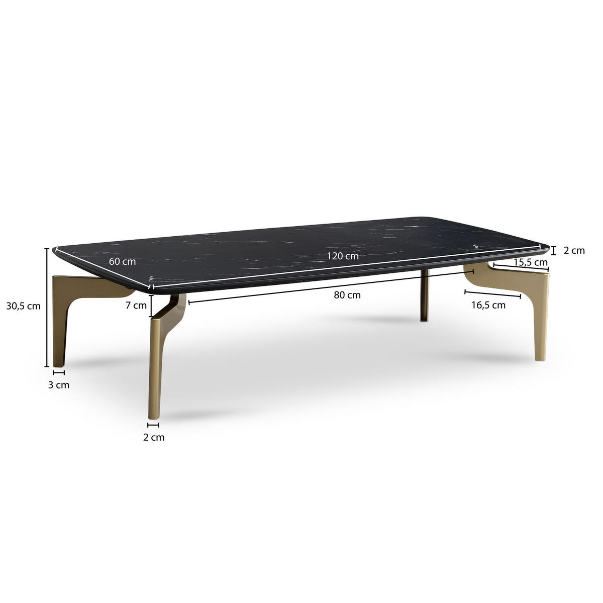COUCHTISCH Schwarz/Gold Hochglanz Marmor Optik 120x60x30.5 cm Metall-Gestell - Goldfarben/Schwarz, Holzwerkstoff/Metall (60/120/31cm) - KADIMA DESIGN