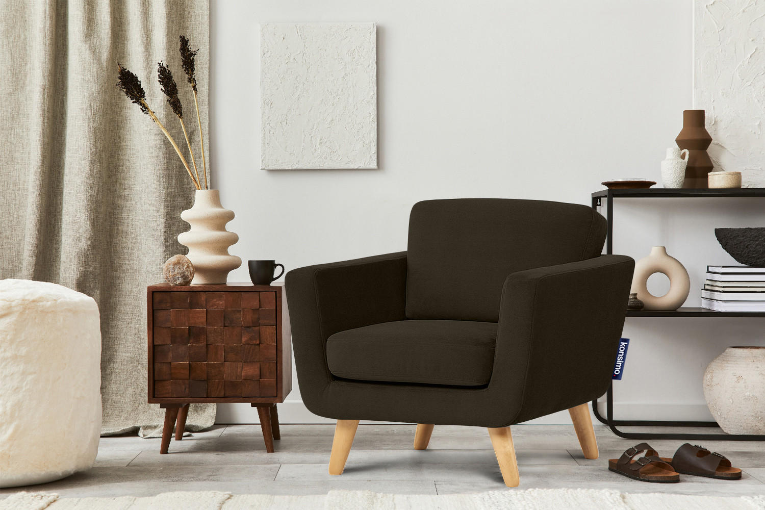 SESSEL TAGIO Massivholz-Beine, braun - Dunkelbraun/Braun, Buchenholz/Textil (86/80/88cm) - KONSIMO®