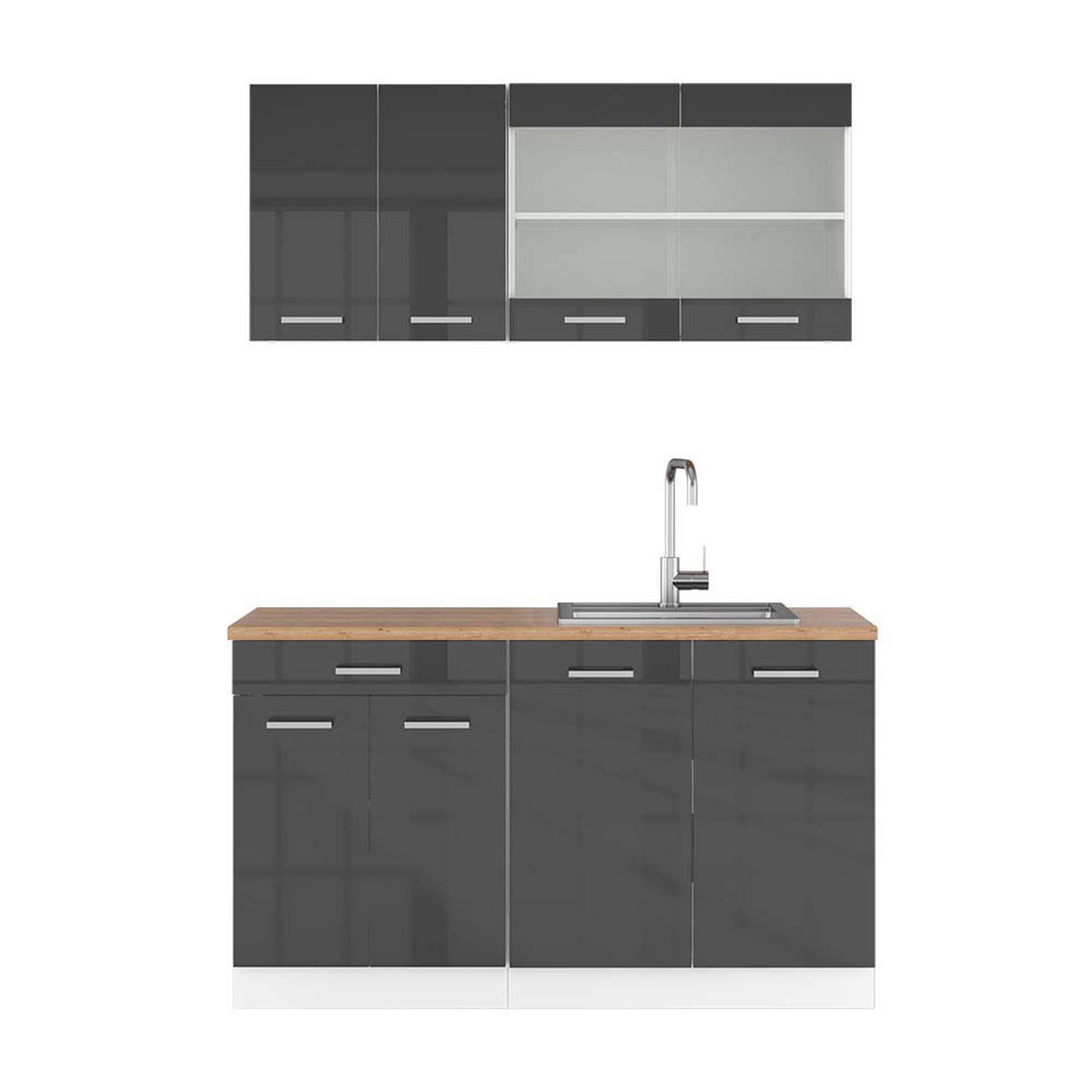 KÜCHENZEILE R-Line Anthrazit Hochglanz/Weiß 140 cm, AP Eiche - Anthrazit/Weiß, Holzwerkstoff (140/81.6/60cm) - Vicco