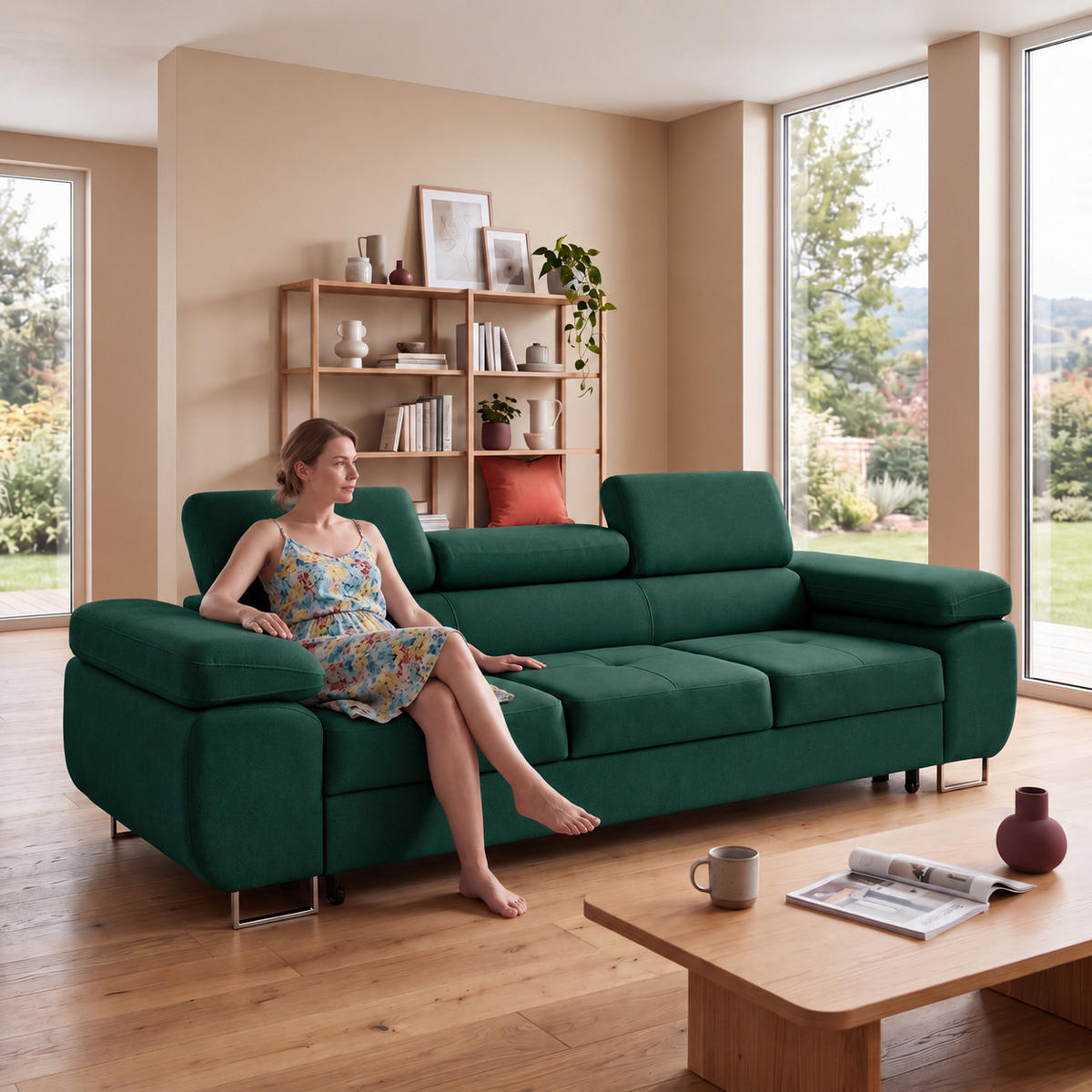 3-SITZER-SOFA WILD mit Schlaffunktion 127x190 Velours Dunkelgrün - Chromfarben/Dunkelgrün, Holz/Textil (262/90/102cm) - Muffo