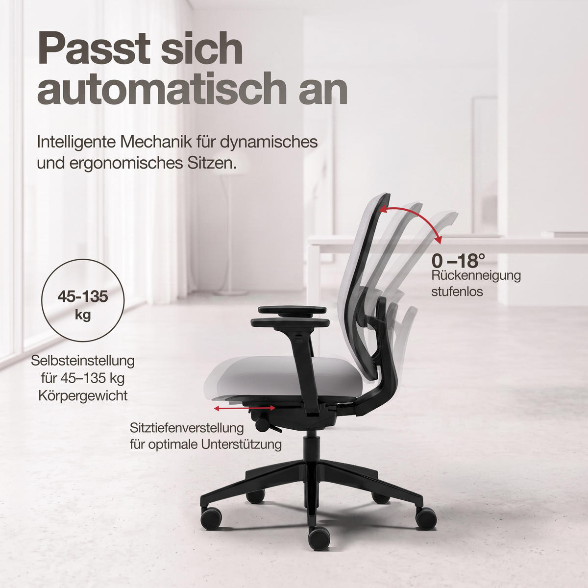 DREHSTUHL Ergonomischer Bürostuhl Atessa mit Polsterrücken in hellgrau / Keine Hellgrau Ergonomischer Polsterrücken - Hellgrau, Textil (62.5/99.8/45cm) - ASSMANN