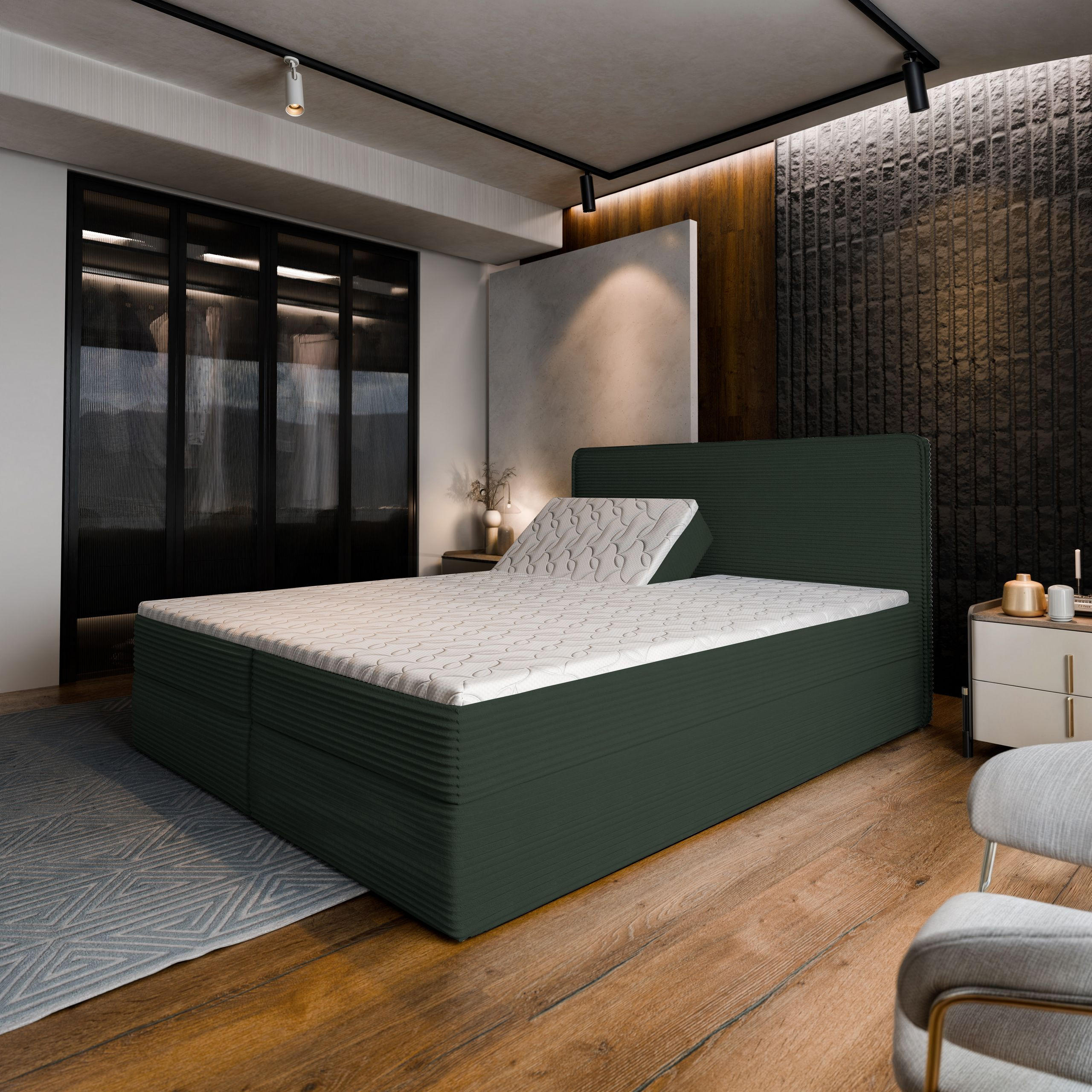 BOXBETT ASTOR 140x200 cm mit Matratze und Topper - Grün - Grün, Holz (140/200cm) - MASSENO