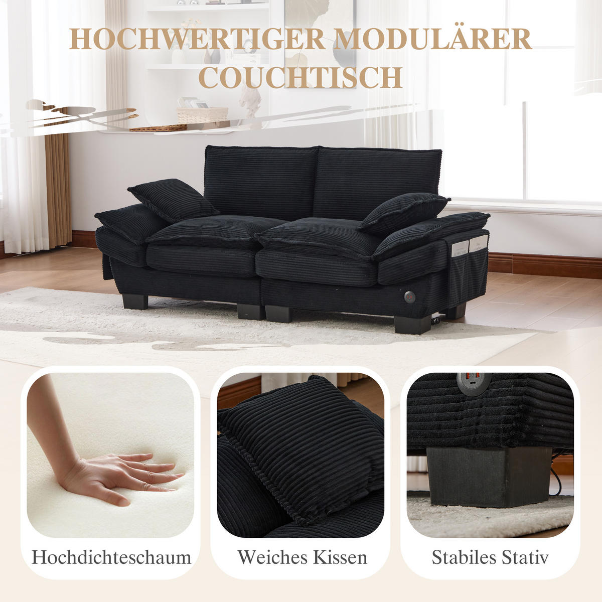 2-SITZER SOFA Cord Schwarz mit USB-C und Seitentaschen - Schwarz, Holzwerkstoff/Kunststoff (190/84/73cm) - WISHDOR